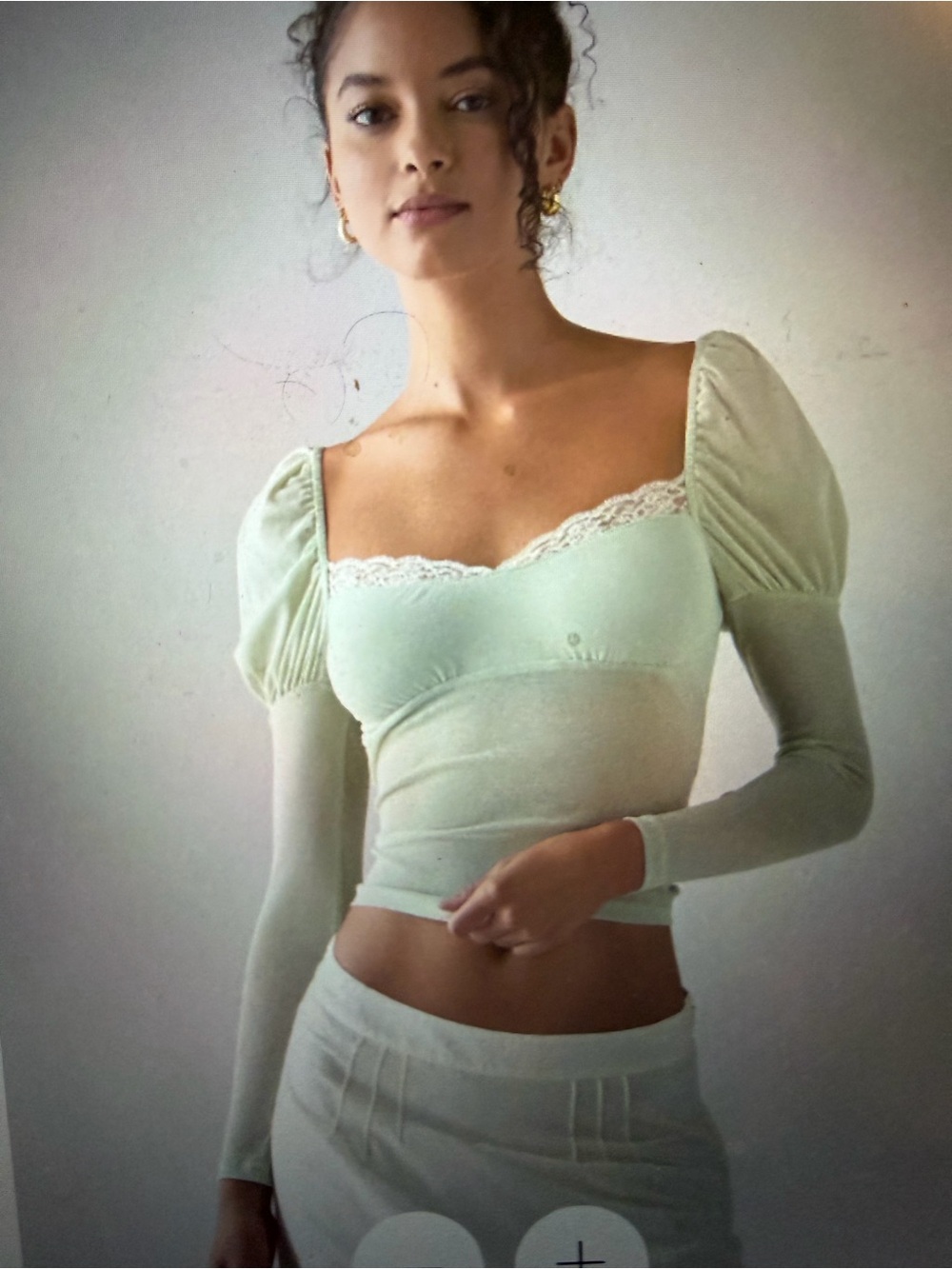 Kimchi blue  mint Green Lace-Trim Puff Sleeve Top small